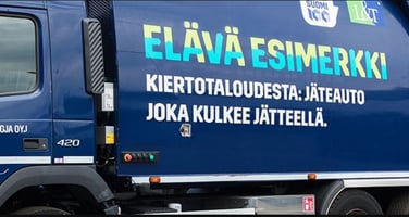 Elävä esimerkki kiertotaloudesta: Jäteauto joka kulkee jätteellä. L&T